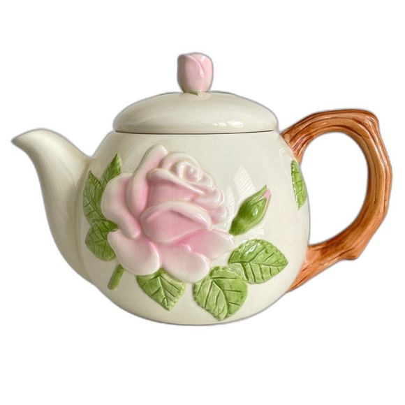 Vintage Collectible Ceramic Teapot w/Emobssed Pink Rose/Green Leaf/Brown Handle - Picture 1 of 13